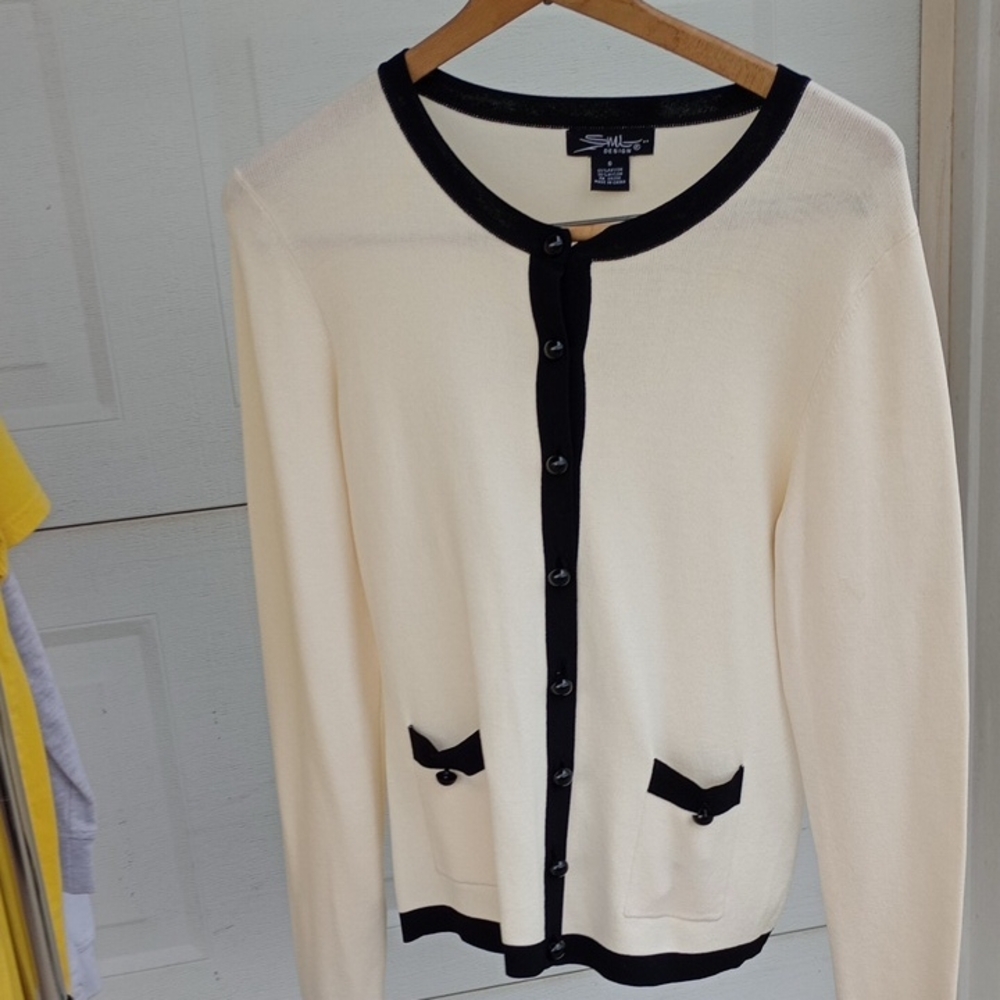 Cream and Black Cardigan Sweater with Contrasting Trim